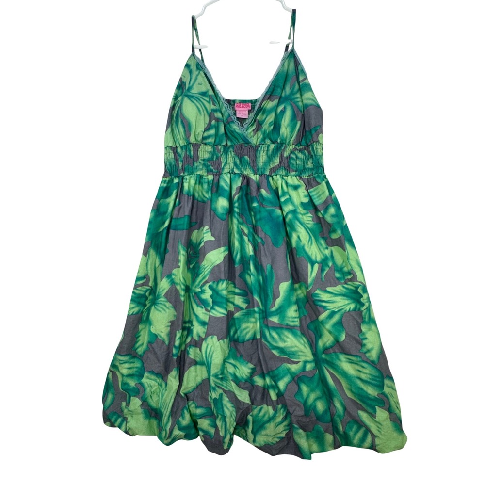 She's Cool Mini Bubble Dress Juniors XL Green Tropical Floral Cotton Y2K Boho